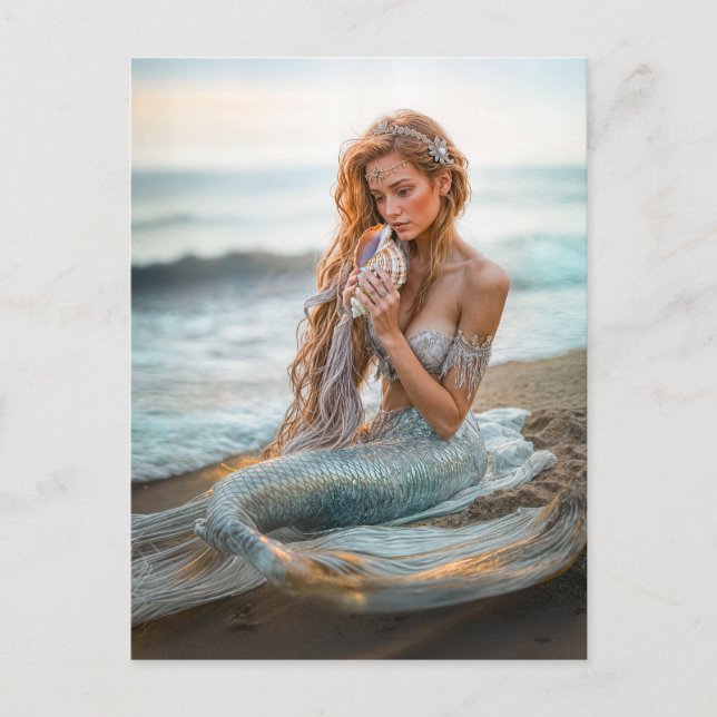 Postal Festiva Sirena sentada en la playa del Océano con concha (Anverso)