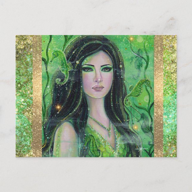 Postal Festiva Sirena verde Peridot de Renee Lavoie (Anverso)