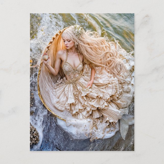 Postal Festiva Sirenita sentada en una concha gigante en la costa (Anverso)