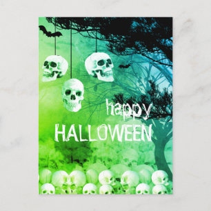 Postal Festiva Skeleton Feliz Noche Verde de Halloween con cráneo