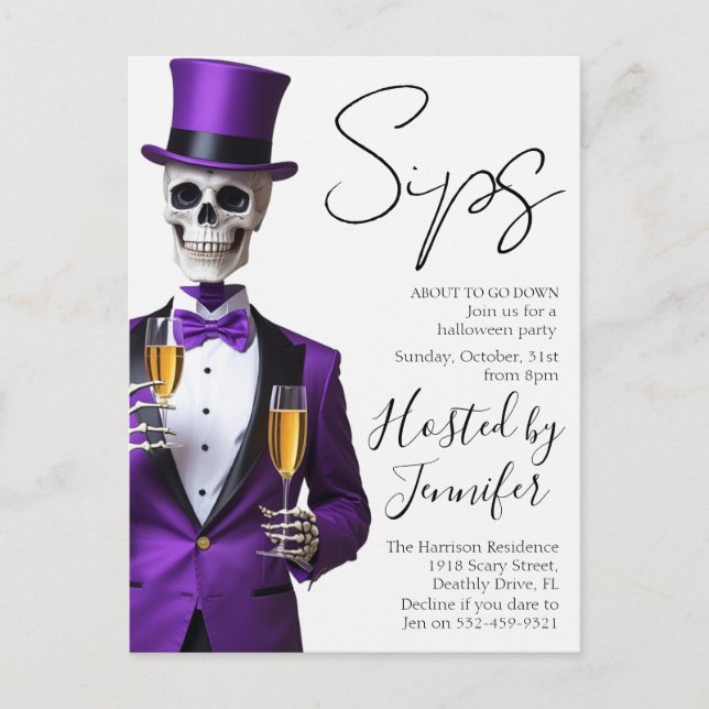 Postal Festiva Skeleton in Purple Halloween Party Invite (Anverso)