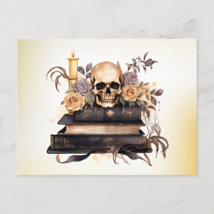 Postal Festiva Skull Books Rosas Gris y Oro Halloween verde
