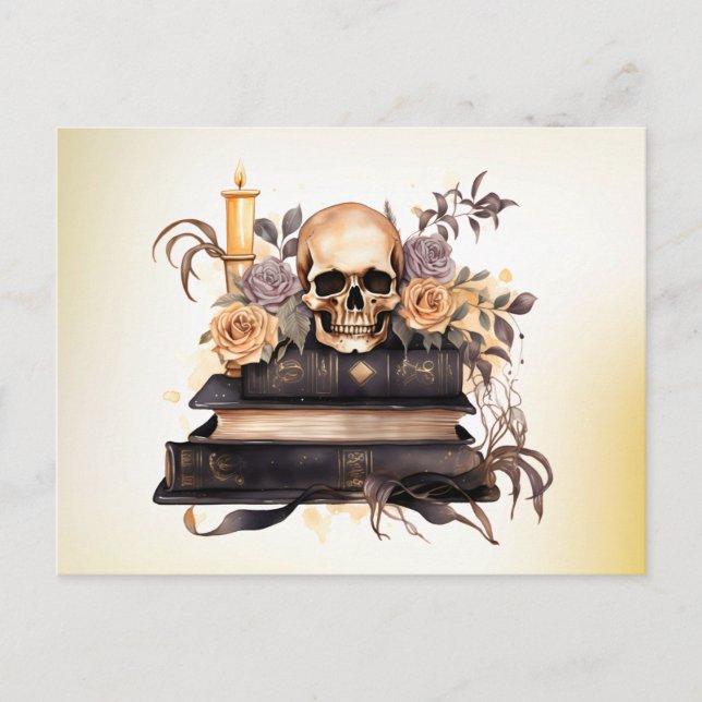Postal Festiva Skull Books Rosas Gris y Oro Halloween verde (Anverso)