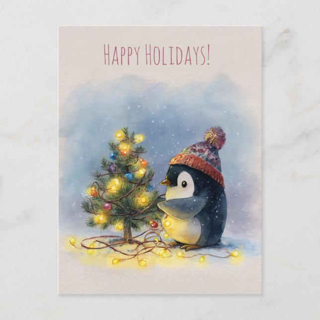 Postal Festiva Small penguin decorates tiny Christmas tree, (Anverso)