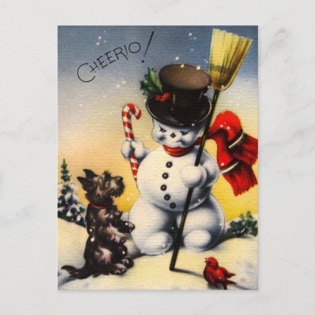 Postal Festiva Snowman británico y perro escocés diciendo "Cheeri (Anverso)