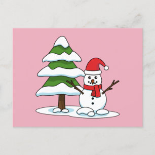 Postal Festiva Snowman con un árbol de pino con nieve