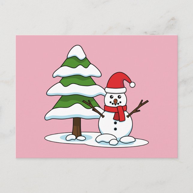 Postal Festiva Snowman con un árbol de pino con nieve (Anverso)