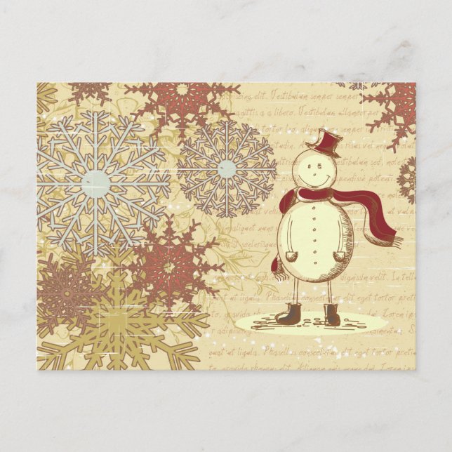 Postal Festiva Snowman vintage y copos de nieve (Anverso)
