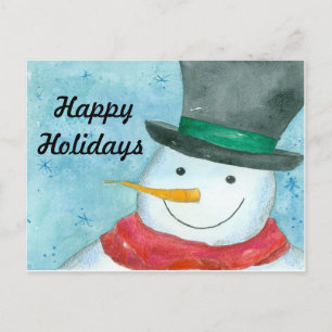 Postal Festiva Snowman Watercolor Art Felices Fiestas