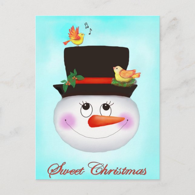 Postal Festiva Snowman y aves (Anverso)