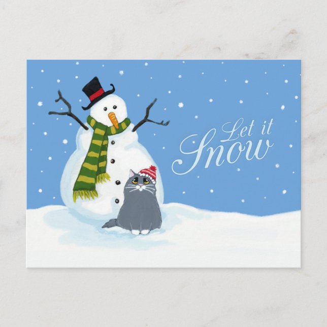 Postal Festiva Snowman y Cat | Dejen que las Navidades de nieve p (Anverso)