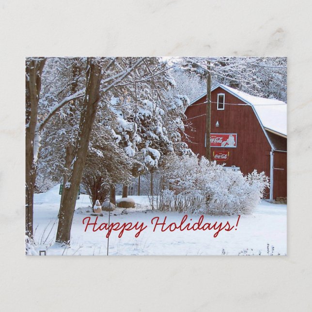 Postal Festiva Snowowley Red Barn Holiday Post Card (Anverso)