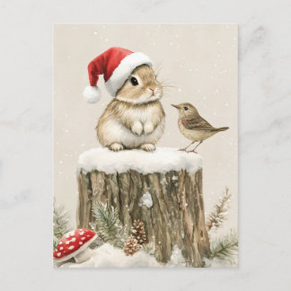 Postal Festiva Snowy Forest Winter Woodland Christmas Bunny Bird