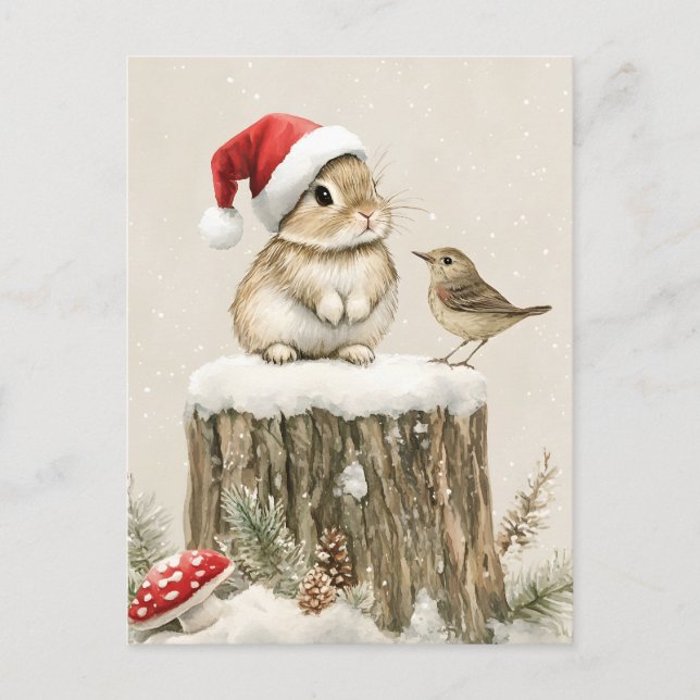 Postal Festiva Snowy Forest Winter Woodland Christmas Bunny Bird  (Anverso)