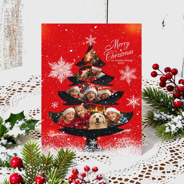 Postal Festiva Snowy Merry Christmas Family Photo Tree (Subido por el creador)