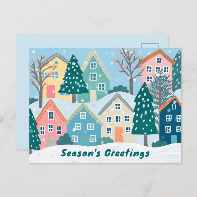 Postal Festiva Snowy Village Illustration Cute Season's Greetings (Anverso / Reverso)