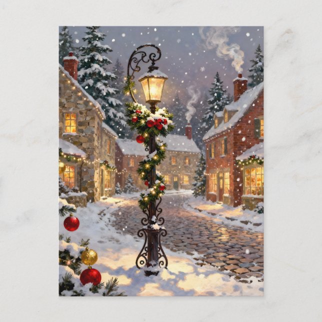 Postal Festiva Snowy Village Scene with Lamppost  (Anverso)