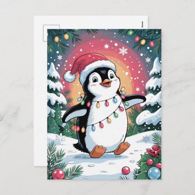 Postal Festiva Snowy Winter Cute Penguin in Santa Hat Christmas   (Anverso / Reverso)