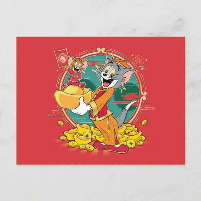 Postal Festiva Sobre rojo de Tom y Jerry New Years (Anverso)