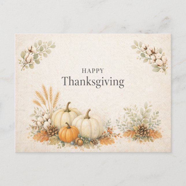 Postal Festiva Soft Neutral Rustic Happy Thanksgiving Pumpkin (Anverso)