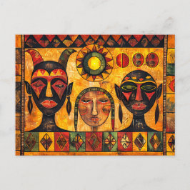 Postal Festiva Sol africano y máscaras en pintura tribal