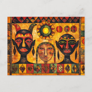 Postal Festiva Sol africano y máscaras en pintura tribal