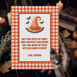 Postal Festiva Sombrero de bruja de Halloween de gingham morado y