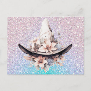 Postal Festiva Sombrero de Brujas Bohemio Flores Brillantes Hallo