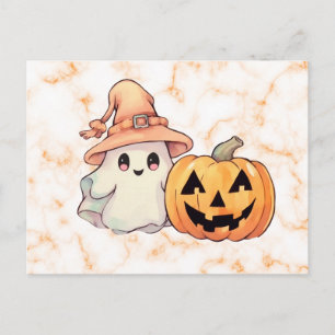 Postal Festiva Sombrero de Brujas Fantasma Lindo Mármol Naranja H