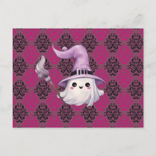 Postal Festiva Sombrero de Escoba de Bruja Fantasma Rosa Purpura 