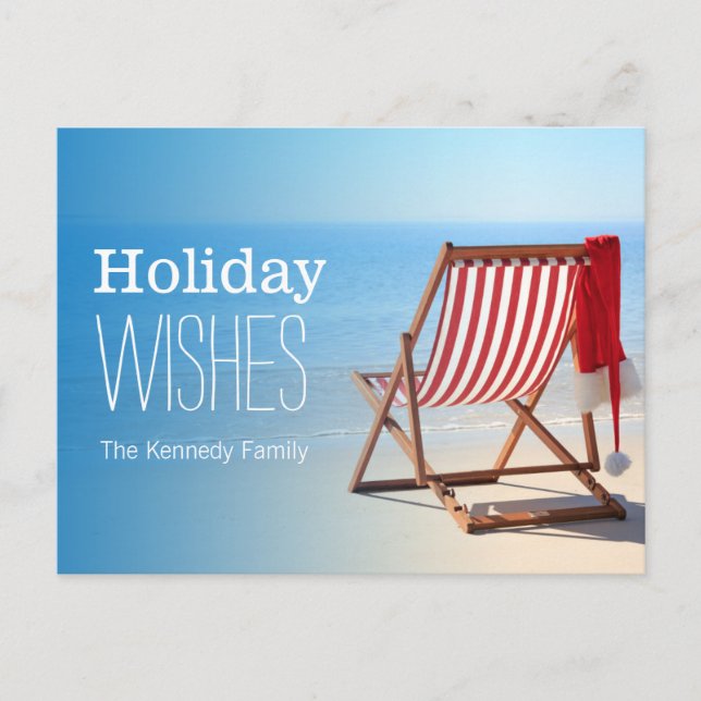 Postal Festiva Sombrero de Papá Noel en una tumbona. Navidades en (Anverso)