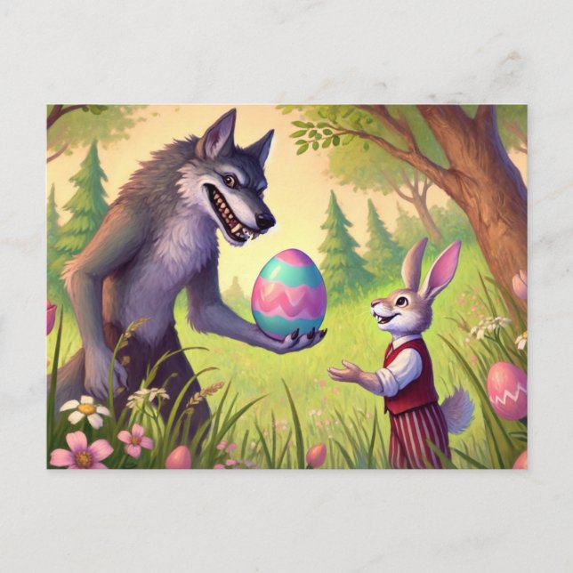 Postal Festiva Sorpresa de Pascua - El regalo del lobo al conejo (Anverso)