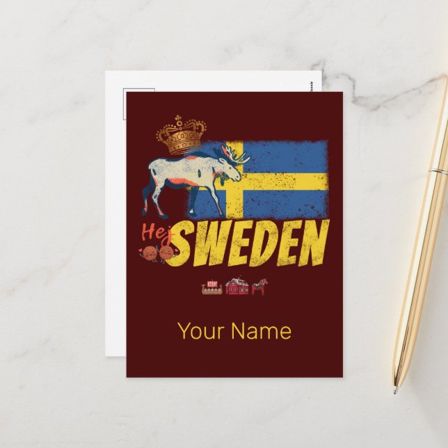 Postal Festiva Souvenir de vacaciones con bandera de Suecia retro (Anverso/Reverso In Situ)