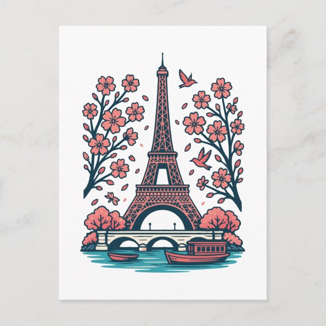 Postal Festiva Souvenir parisino Torre Eiffel Árbol de cerezos de (Anverso)