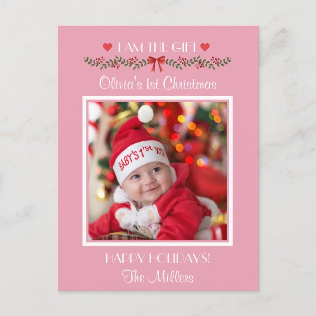 Postal Festiva Soy El Regalo Primero De Navidad, Foto De Bebé Ros (Anverso)
