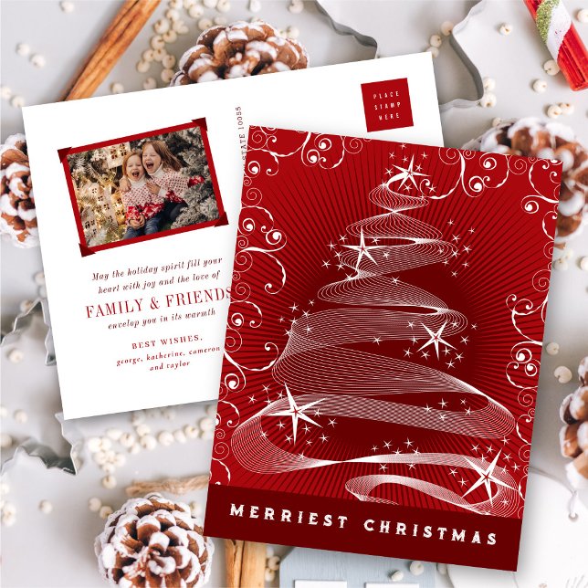 Postal Festiva Sparkling Red Christmas Tree Resumen Swirls Moda (Sparkling Red Christmas Tree Abstract Swirls Chic Holiday Postcard @ fat_fa_tin)