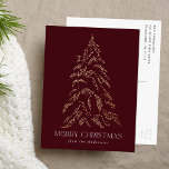 Postal Festiva Sparkling Winter Pine Merry Christmas Non-Photo<br><div class="desc">Postal vacacional moderna y elegante con un nevado pino de Relieve metalizado dorado con un fondo burdeos (o color de su elección). "Feliz Navidad" se muestra en una fuente serif moderna y blanca con tu nombre o texto personalizado debajo. La tarjeta de vacaciones no fotográfica se invierte para mostrar la...</div>