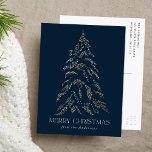 Postal Festiva Sparkling Winter Pine Merry Christmas Non-Photo<br><div class="desc">Postal vacacional moderna y elegante con un pino de Relieve metalizado dorado nevado con fondo marino (o color de su elección). "Feliz Navidad" se muestra en una fuente serif moderna y blanca con tu nombre o texto personalizado debajo. La tarjeta de vacaciones no fotográfica se invierte para mostrar la dirección...</div>