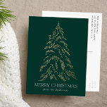 Postal Festiva Sparkling Winter Pine Merry Christmas Non-Photo<br><div class="desc">Postal vacacional moderna y elegante con un nevado pino de Relieve metalizado dorado con fondo verde (o color de su elección). "Feliz Navidad" se muestra en una fuente serif moderna y blanca con tu nombre o texto personalizado debajo. La tarjeta de vacaciones no fotográfica se invierte para mostrar la dirección...</div>