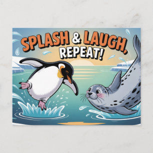 Postal Festiva "Splash & Laugh" Pinguino y Foca Árticos Caprichos