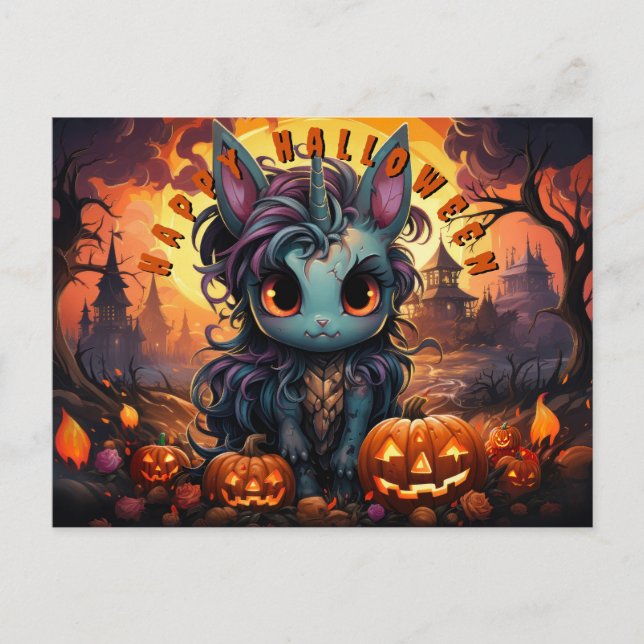 Postal Festiva Spoky Halloween Unicorn en parche de calabaza (Anverso)