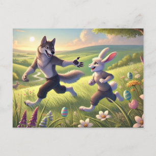 Postal Festiva Springtime Chase - Jugativo Lobo y Pascua de Conej