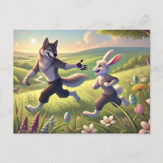 Postal Festiva Springtime Chase - Jugativo Lobo y Pascua de Conej (Anverso)