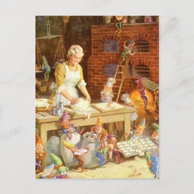 Postal Festiva Sr. Claus y los Elves de Santa se cocinan (Anverso)