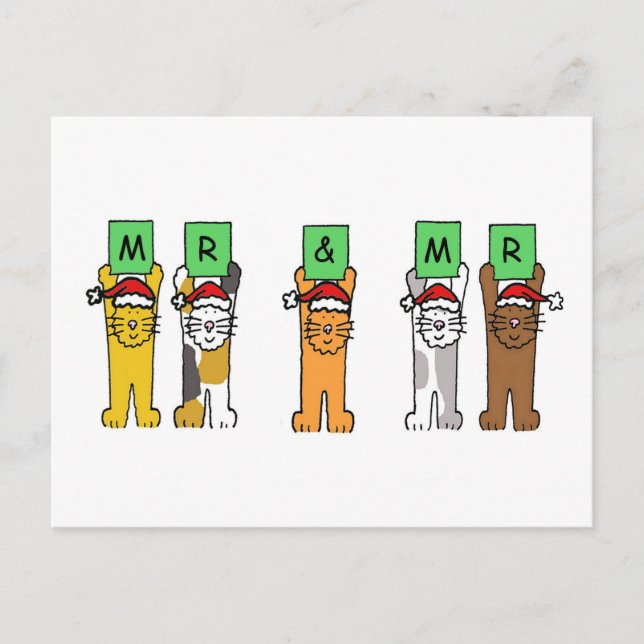 Postal Festiva Sr. y Sr. Gay Navidades Gats en Santa Hats (Anverso)