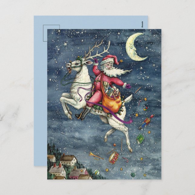 POSTAL FESTIVA ST. NICK, REINDEDOR BLANCO VOLANTE, NAVIDADES MAGI (Anverso / Reverso)