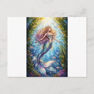 Postal Festiva Stained-Glass Mermaid: A mermaid Holiday Postcard