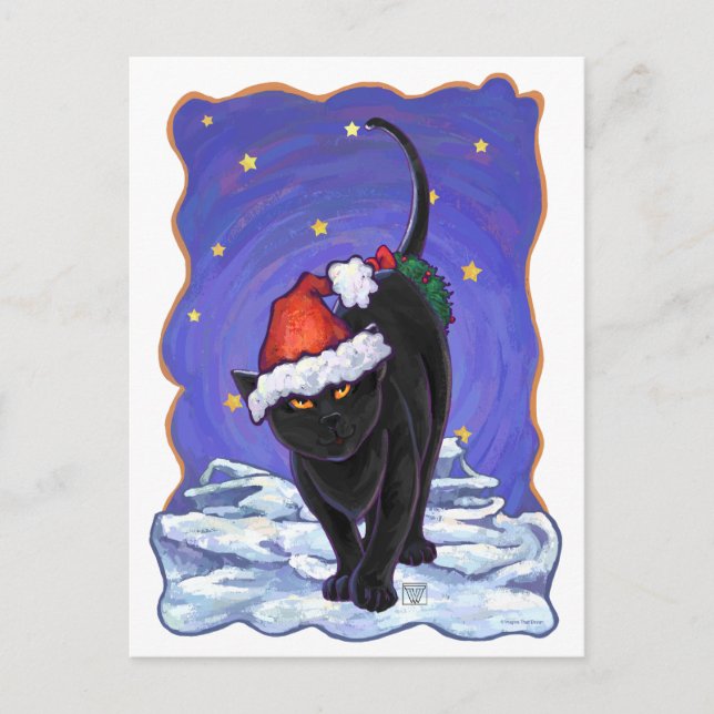 Postal Festiva Starry Night Black Cat Navidades (Anverso)