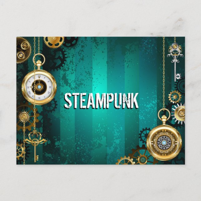 Postal Festiva Steampunk Jewelry Watch sobre un fondo verde (Anverso)