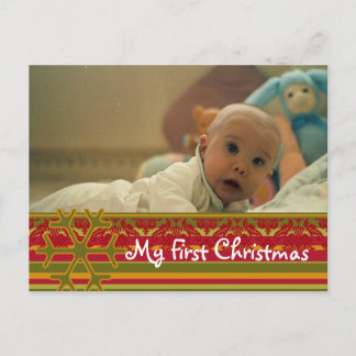Postal Festiva Stripes Damask My First Christmas Photo Postcard